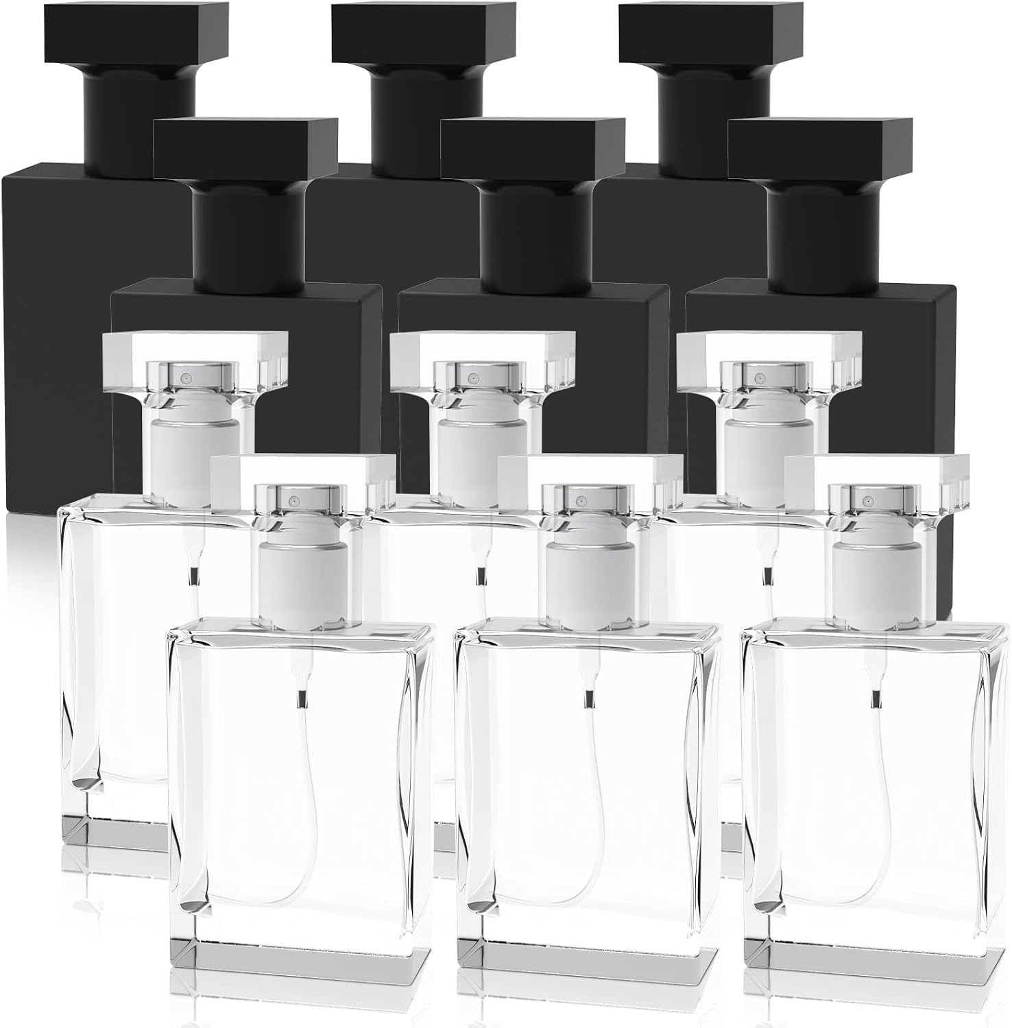Foraineam 12 Pack 30ml / 1 oz. Refillable Perfume Bottle, Portable Square Empty Glass Perfume Atomizer Bottle with Spray Applicator, Transparent and Black Assorted