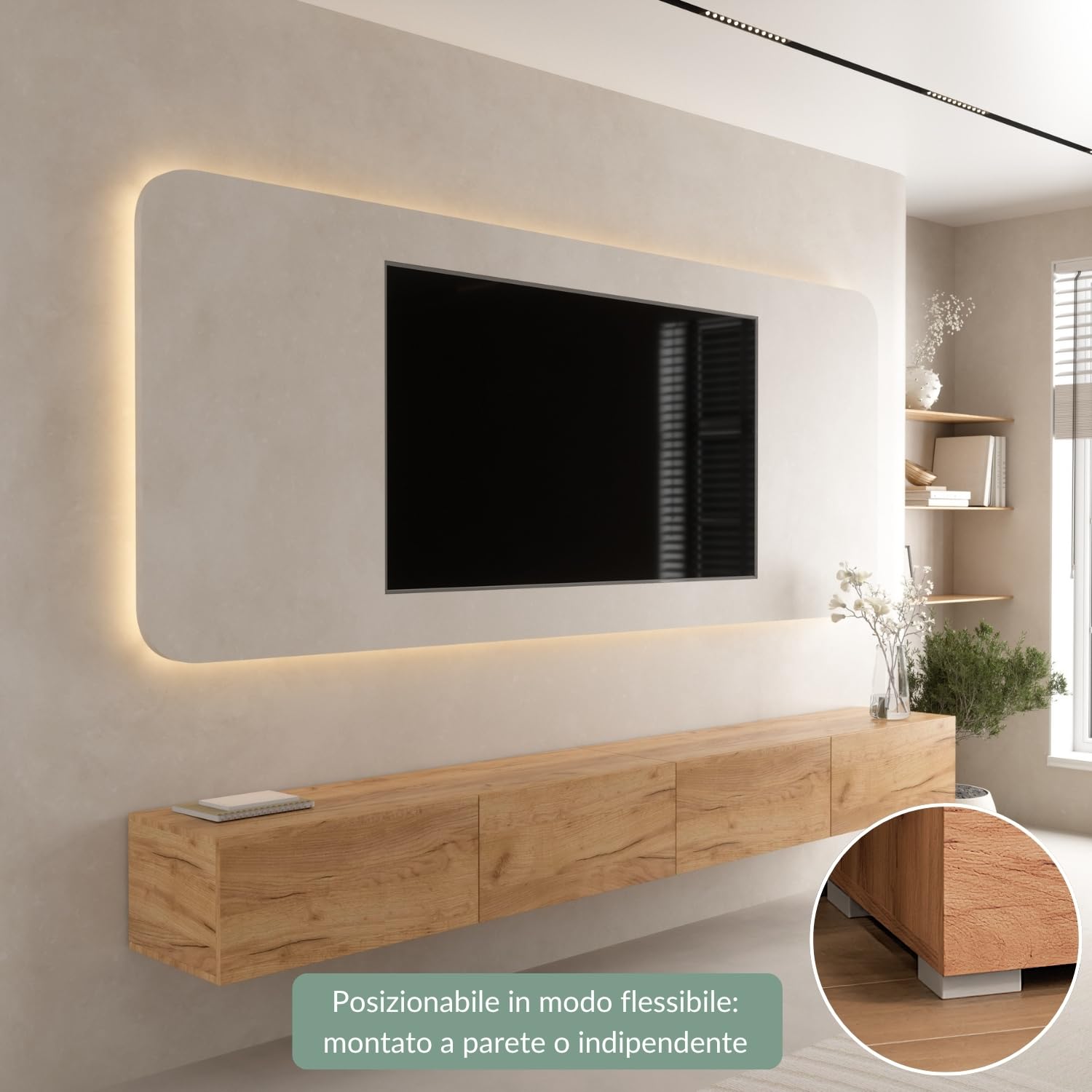 Planetmöbel Mobile TV West, porta TV lungo 280 cm, mobiletto TV sospeso o da appoggio, mobile TV per soggiorno, 2X mobile porta TV 37,8 x 140 x 30 cm, rovere dorato