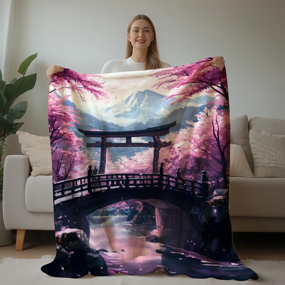 Japanese Throw Blanket Japanese Gifts Cherry Blossom Blanket Japan Scenery Decor Warm Soft Flannel for Girls Boys Women Teens Adults Bed Sofa Couch (50 in x 60 in)