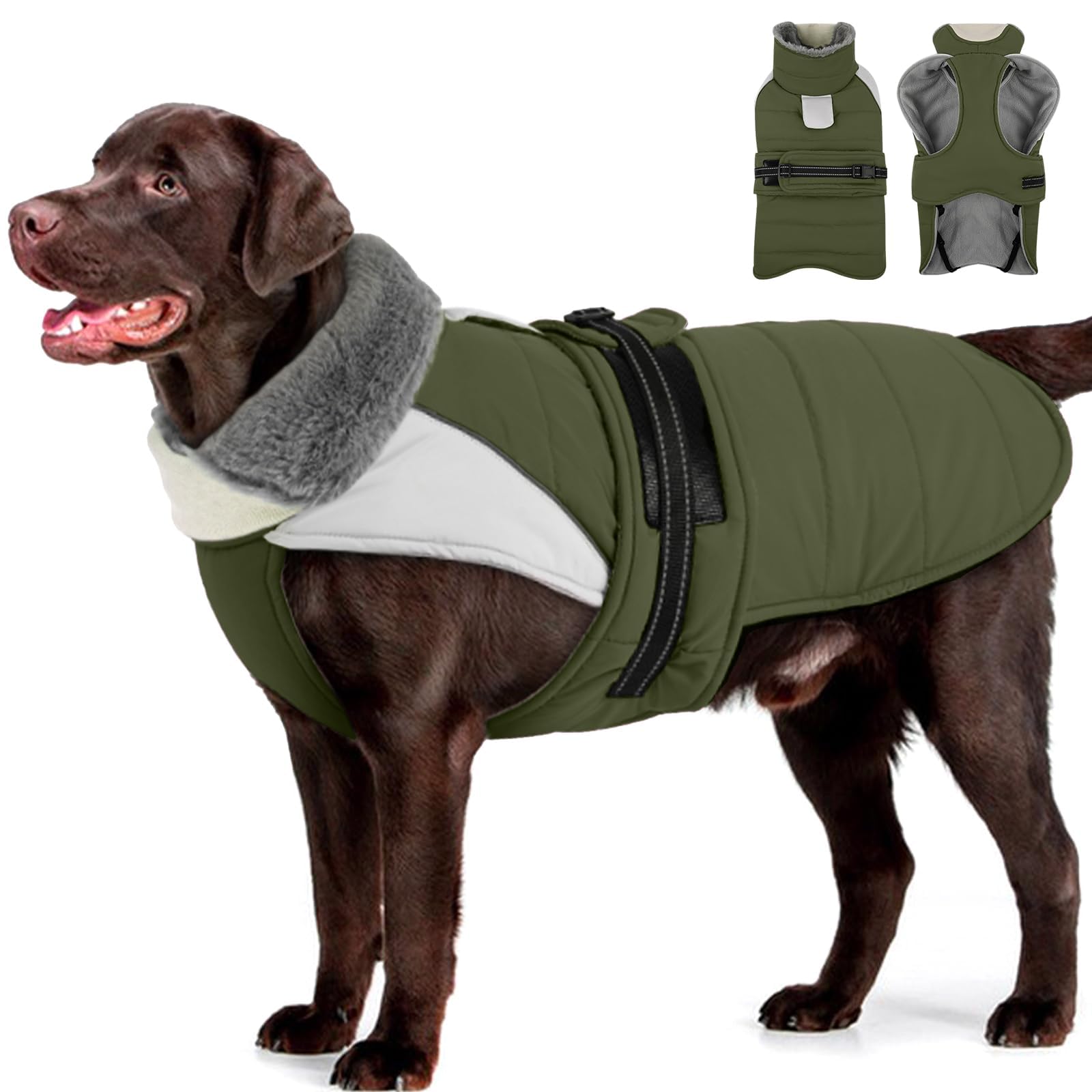MIGOHI Warm Large Dog Coat, Waterproof Dog Winter Jacket, ArmyGreen, XXL