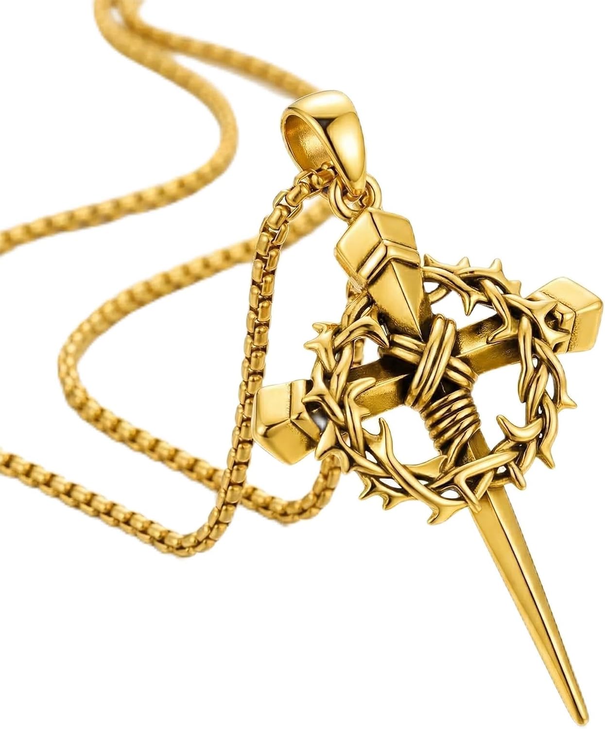 Crown of Thorns Cross Necklace for Men Women Religious Nail Cross Pendant with Thorn Wreath Christian Faith Jewelry