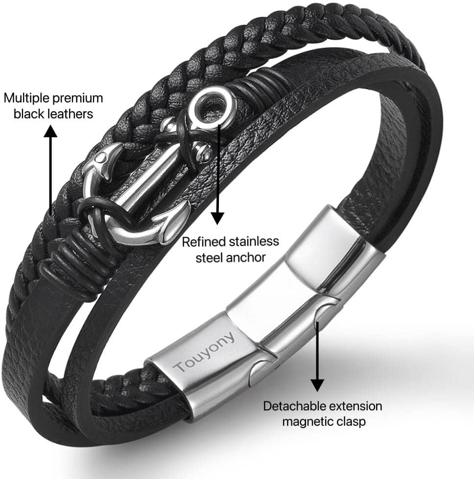 Men's Anchor Leather Bracelet Stainless Steel Anchor Design with Braided Leather Wristband Stylish Gift for Son Boyfriends Husband - Unique Braided Leather Bracelet gift for Men - Image 4