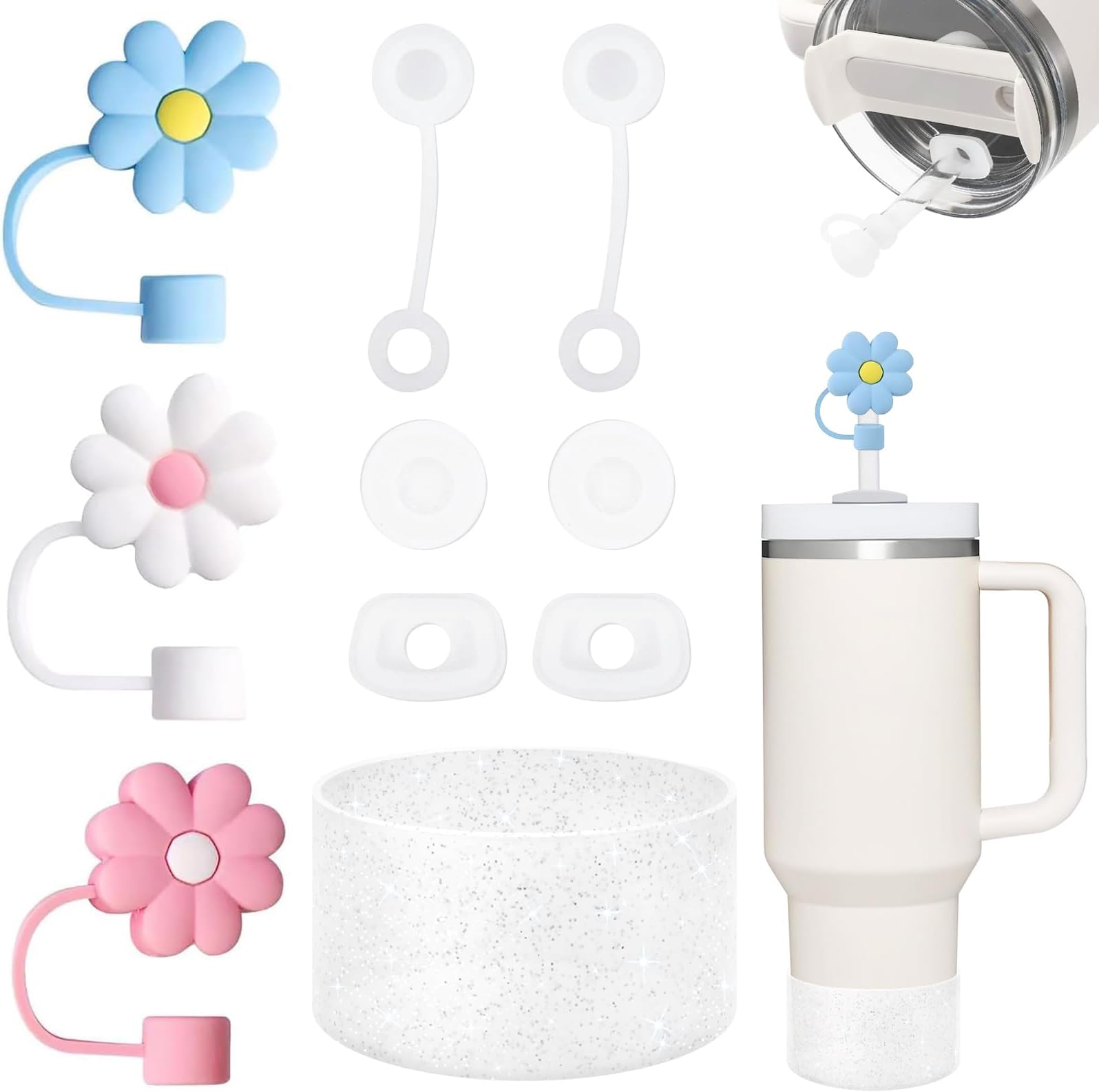 Stanley Cup Accessories Set - 10 Pcs Including Silicone Spill Proof Stopper, Flower Straw Cover Cap, Bling Silicone Boot Sleeve for Stanley 40oz & 30oz Tumbler