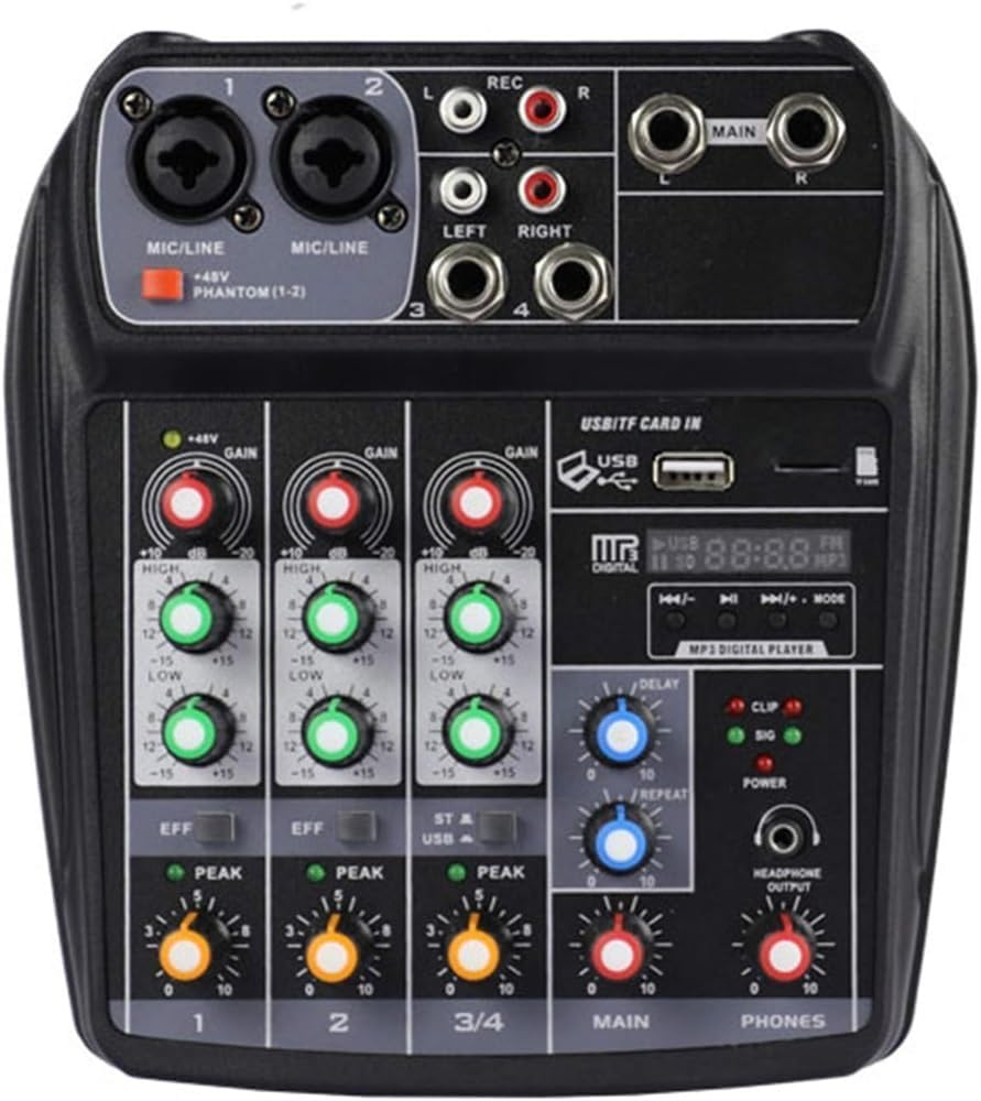 Studio Mixing Desks, Portable 4-Channel Sound Card Mixing Console Audio Mixer Supports BT Connection MP3 Player Recording Function Supply for DJ Network Live Broadcast