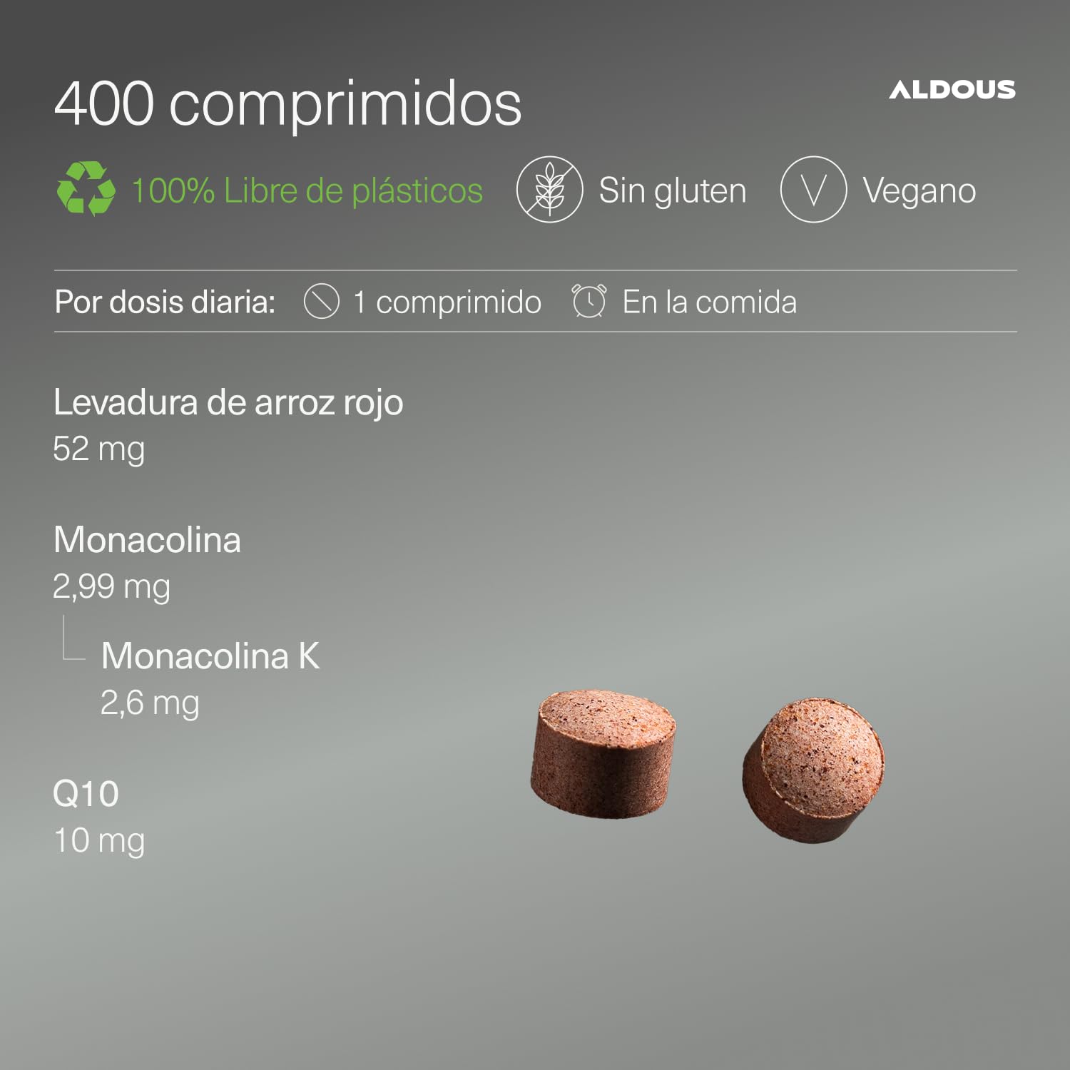 Levadura de Arroz Rojo Coenzima Q10 Baja tu Colesterol - 400 Comprimidos - Función Normal del Corazón - Para Más de 1 Año - 2,99 mg de Monacolina Pura - Libre de Citrinina - Monacolina K - ALDOUS