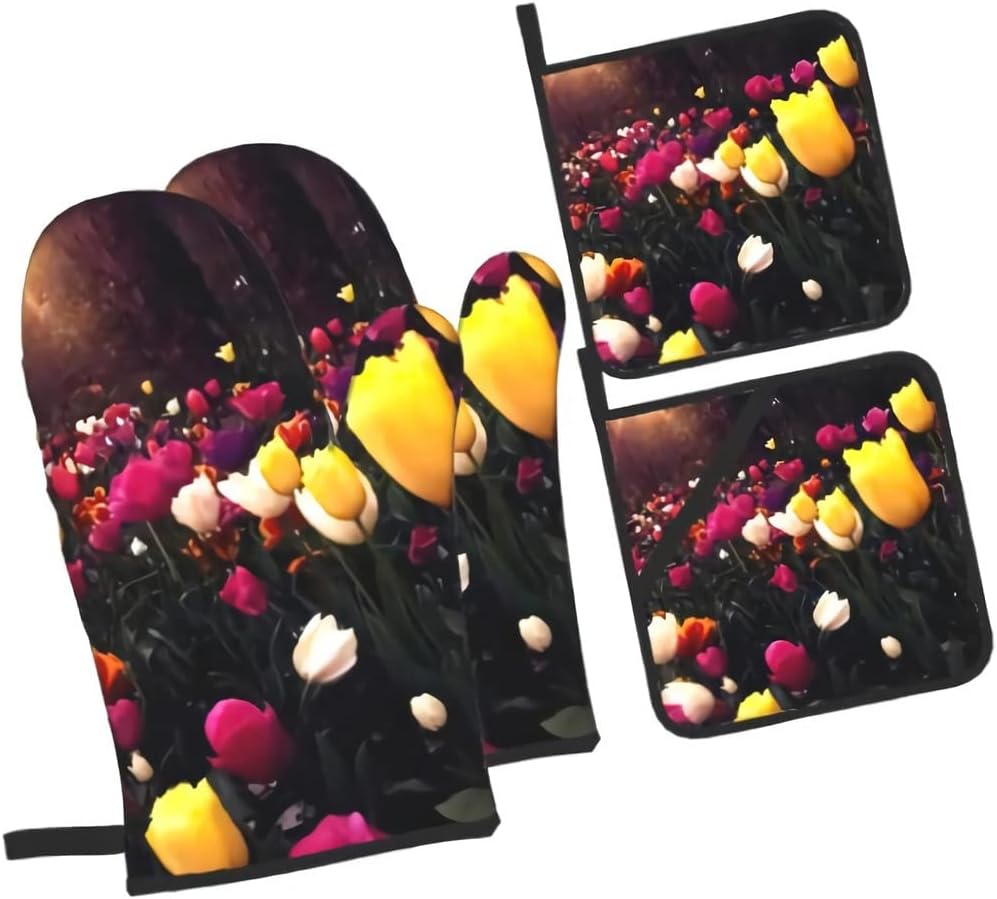 Oven Mitts and Pot Holders Set 4pc Thicken Heat-Resistant Gloves and