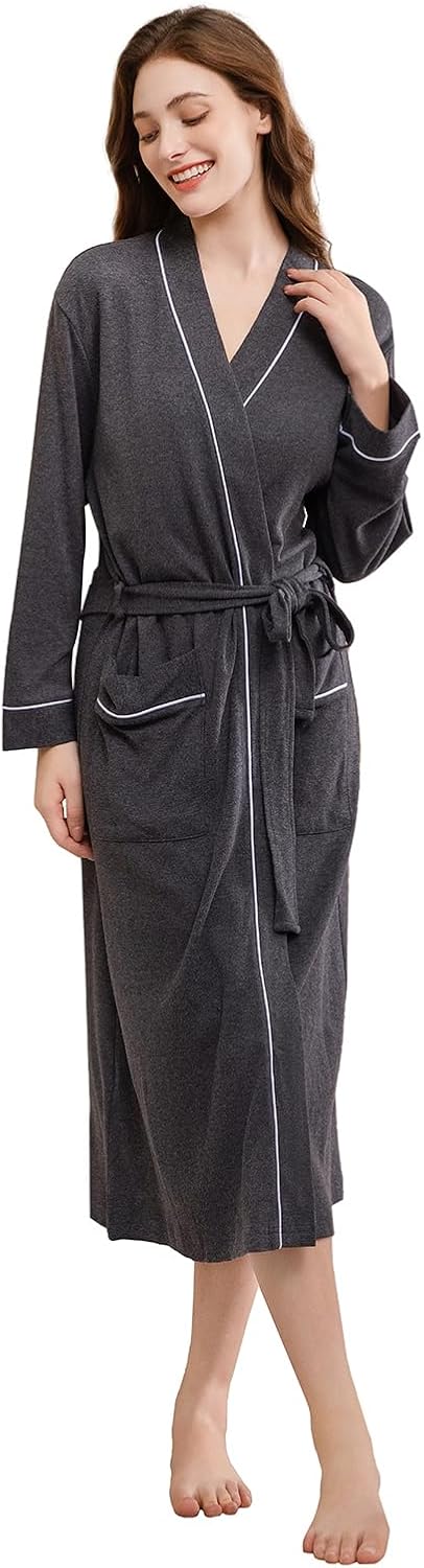 Women's Robes Lightweight Soft Cotton Blend, Ladies Bathrobe Absorbent Breathable Kimono Robe with Pockets