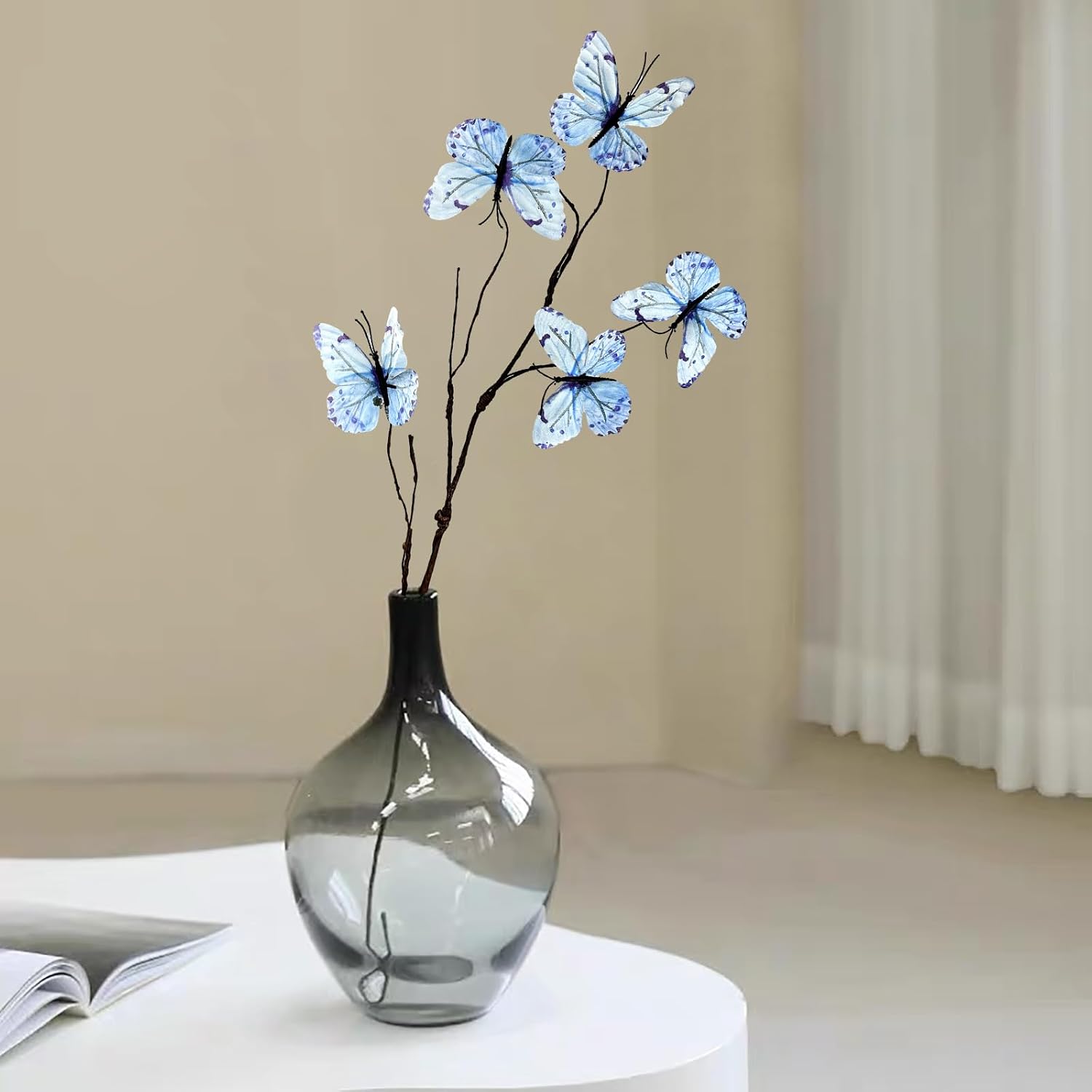 Artificial Butterfly Decorations, Blue Butterfly Flower Branches 3D Butterfly Stakes Floral Arrangements for Wedding Home Office Party Decoration (Pack of 3) image 5