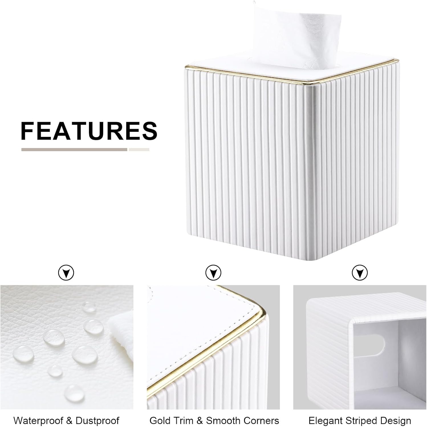 KINGFOM Tissue Box Cover, PU Leather Square Tissue Box Holder for Kleenexs with Magnetic Bottom Cover for Facial Tissues/Napkins, Office & Living Room Decor Box White