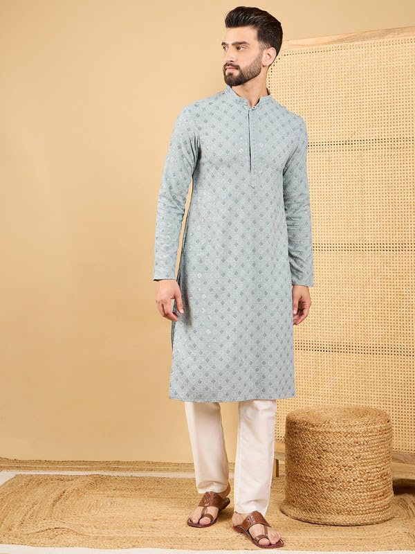 Image of Men's Solid Embroidered Long Straight Kurta | Men's Kurta | Embroidered Chikankari Kurta for Men | Straight Fit Kurta for Men