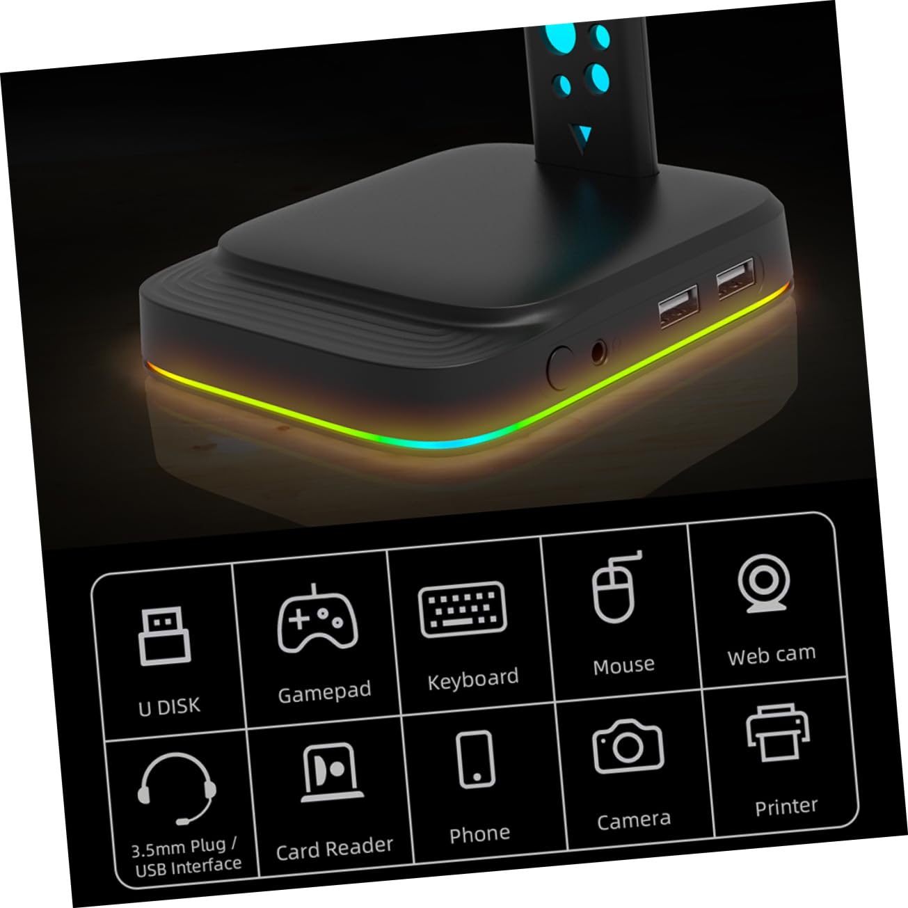 Supporto per Cuffie Illuminazione Rgb Hub USB Porte Aux e USB Supporto Estensibile per Cuffie da Tavolo Antiscivolo