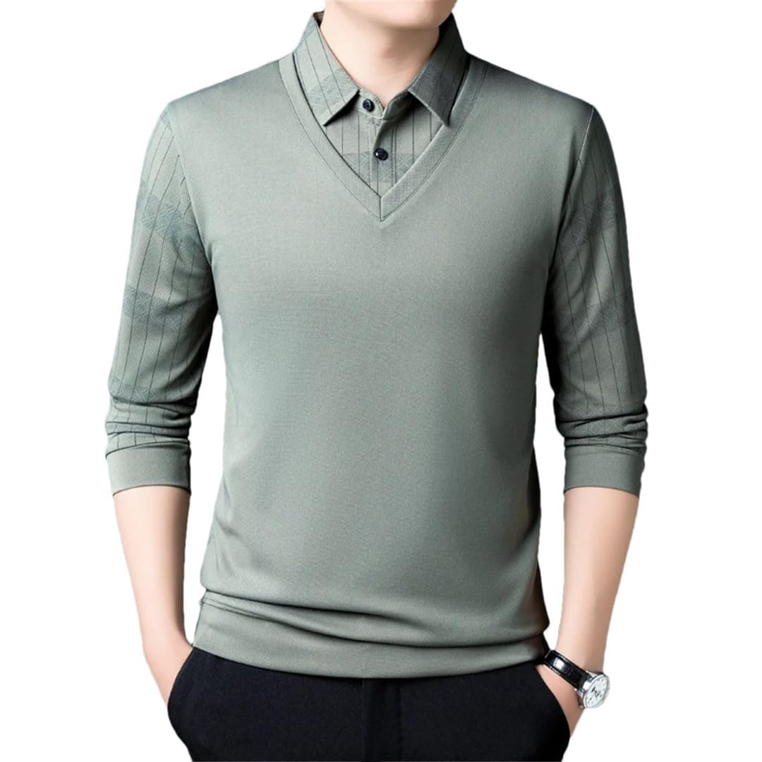 Camiseta de manga larga con botones y cuello vuelto para hombre