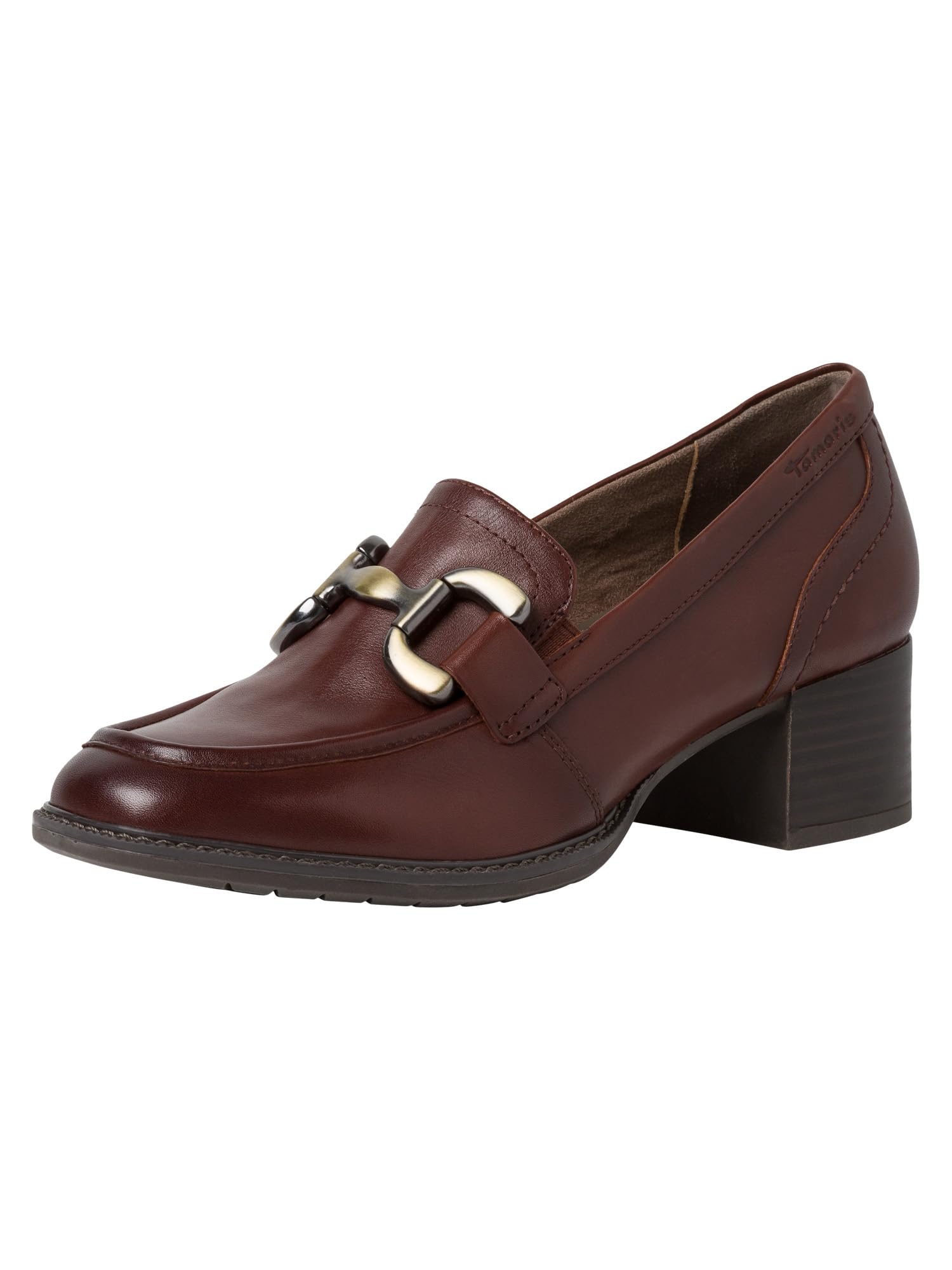 Tamaris Comfort Women’s Loafers with Heel Leather Block Heel Comfort Fit , Chestnut, 6 UK