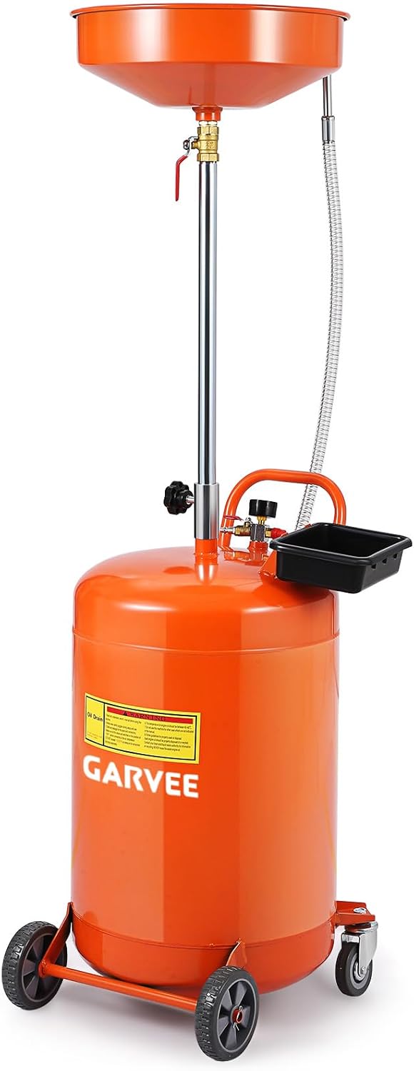 20 gal Waste Oil Drain Change Tank, Portable Oil Drain Container,Air Operated Fluid Drain Disposal Waste Oil Drain Change Tank with 15 in Funnel Adjustable Height 38-65 in,with 360° Wheels & Toolbox
