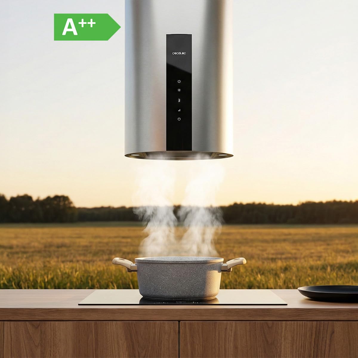 Cecotec Cappa Aspirante Rotonda a Parete 35 cm Bolero Flux DRT 358000 Inox A++. Aspirazione 715 m³/h, 2 Velocità + Funzione Booster, Filtri a Carbone, Classe A++, Controllo Touch
