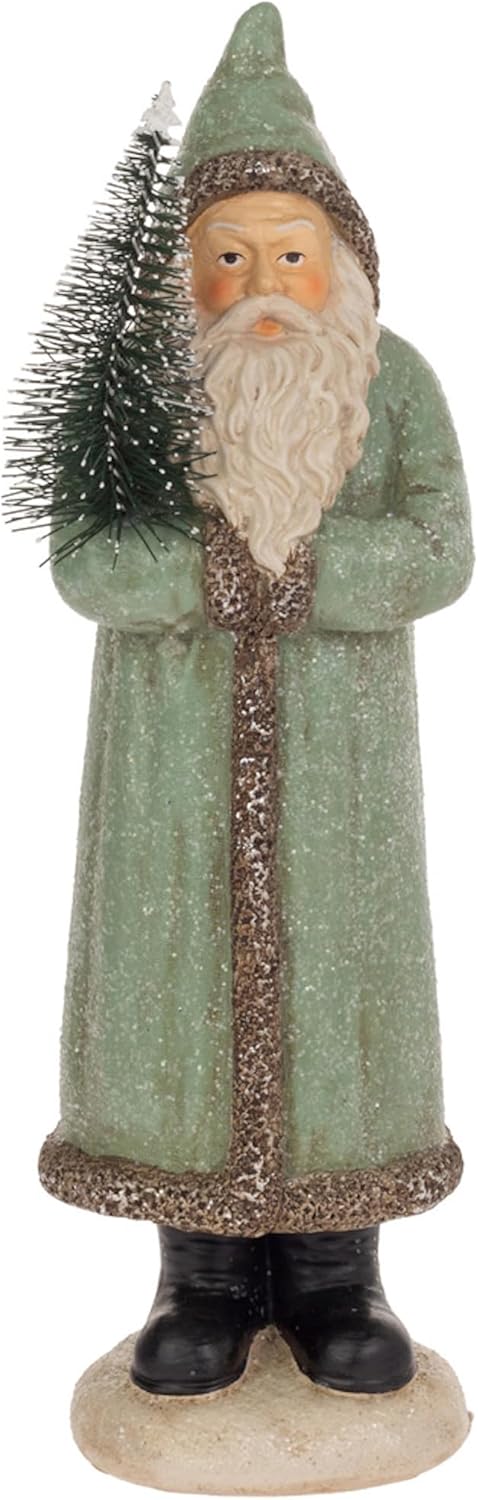Boston International Christmas Santa Claus Statue Figurines for Tabletop Mantel Shelf Winter Holiday Decorations for Home, 14", Dark Green Hooded Saint Nick