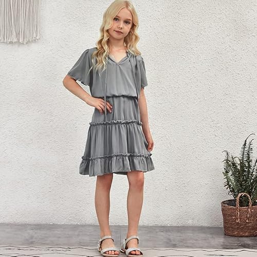 Blibean Girl Summer Boho Dress Tween Kid Short Sleeve Outfit Maxi Dresses Aline Ruffle Clothing Solid Bohemian Swing Clothes Size 4-5 Years Small Gray #TOP2