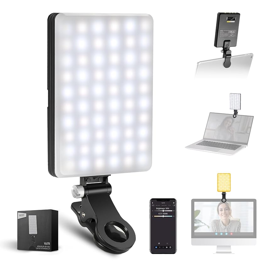 NEEWER BASICS VL67B Luce Selfie per iPhone con APP, Luce di Riempimento Clip On Bicolore 2000mAh per Vlogging Registrazione Live Streaming, Computer/Laptop/Webcam/Monitor Illuminazione Videoconferenza