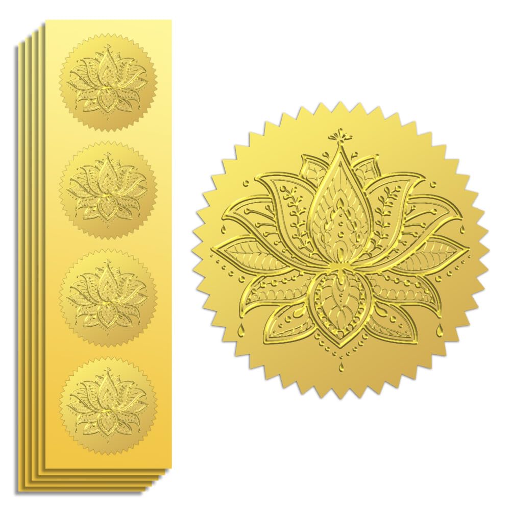 Peacoblue Gold Foil Stickers Seals Official Embossed 2 Inch 100Pcs Bohemian Lotus, Self Adhesive Gold Around Embossing Medal Sticker for Certificate