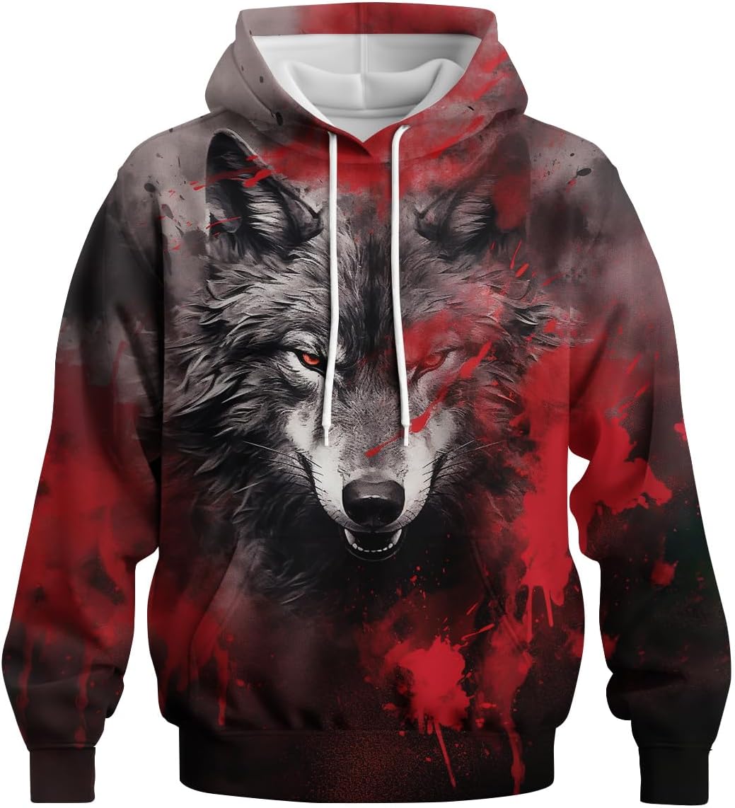 Mens Cool Animal Graphic Hoodies Wolf Printed Sweatshirt Hoodie Pullover with Pocket