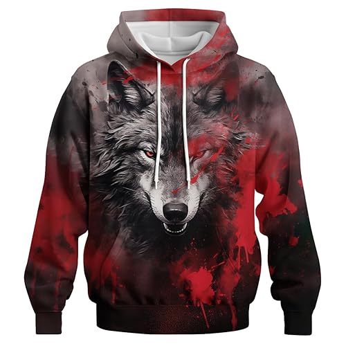 Mens Cool Animal Graphic Hoodies Wolf Printed Sweatshirt Hoodie Pullover