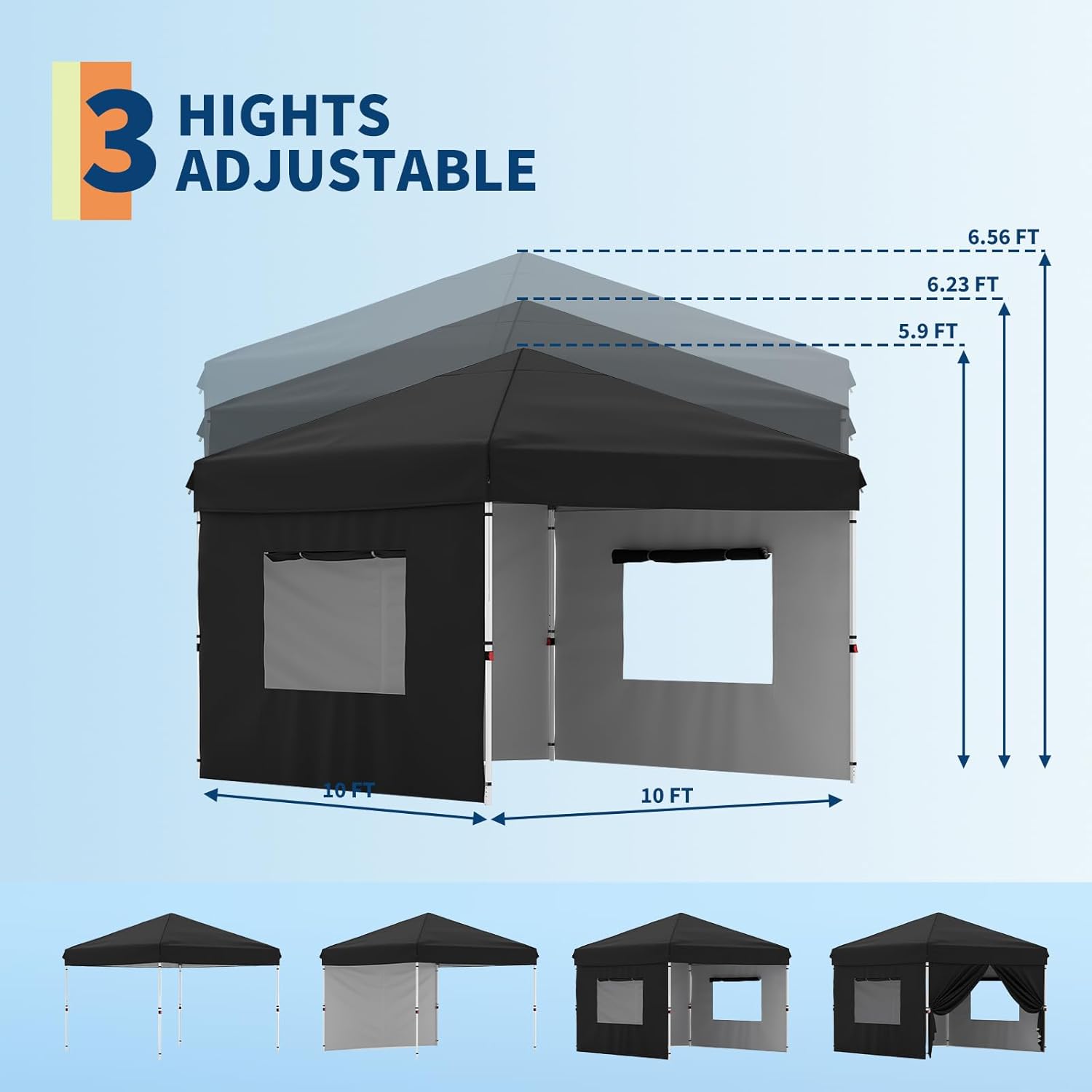 GarveeLife 10x10 Pop Up Canopy with 3 Sidewalls - Easy Up Camping Tent with One Button Push Setup - 1 Roller Bag, 3 Adjustable Height, 4 Weight Bags for Deck, Garden, Sports, Beach, Party - Black