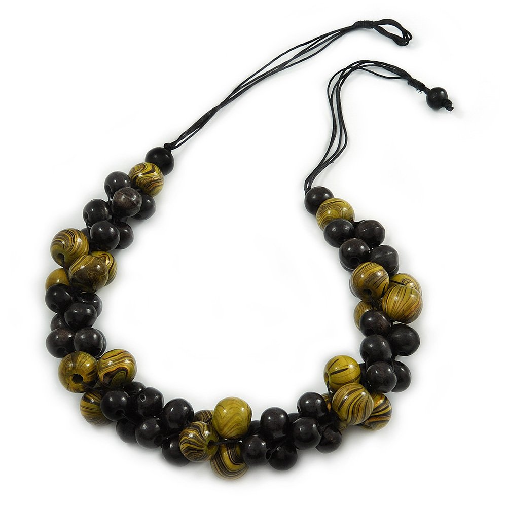 Collana in corda di cotone nero con perline di legno arancione/rosso/marrone, lunghezza 68 cm