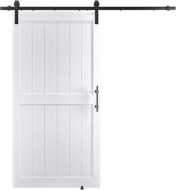 COSHOMER 42in x 84in MDF Sliding Barn Door with 7ft Barn Door Hardware Kit & Handle, Pre-Drilled Holes Easy Assembly -Solid Barn Door Slab Covered with Water-Proof PVC Surface, White, H-Frame