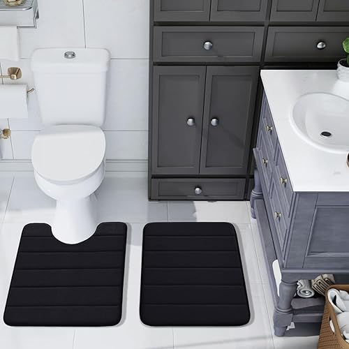 Miniatura 8 de Buganda Juego de 2 tapetes de baño de espuma viscoelástica y tapete para inodoro en forma de U, lavable a máquina, suave, antideslizante,