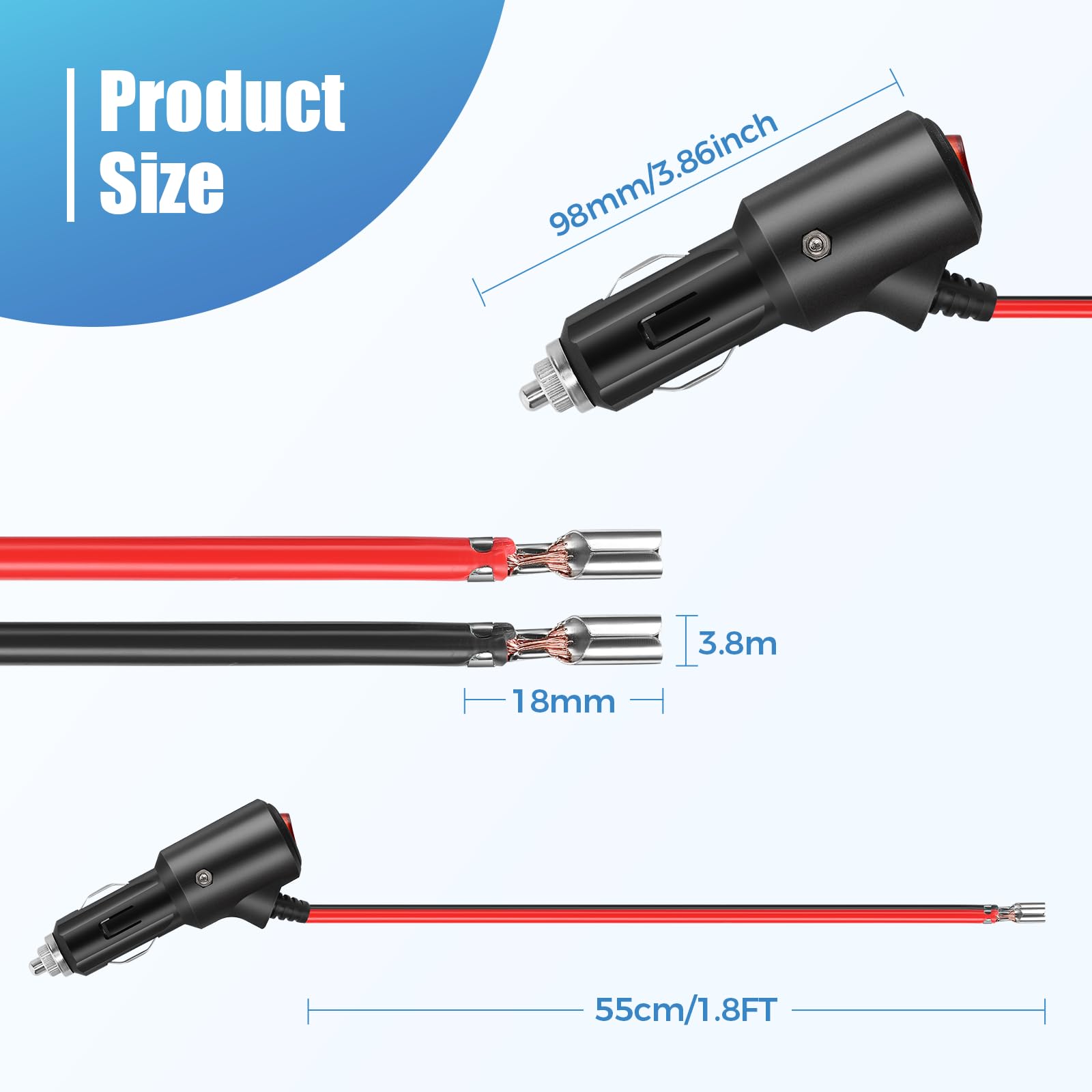 Thlevel Lot De 2 Adaptateurs Mâle Allume-Cigare 12V/24V Avec Câble Extension 55cm 14AWG, Interrupteur Et Fusible 15A - Voiture, Bateau, Onduleur