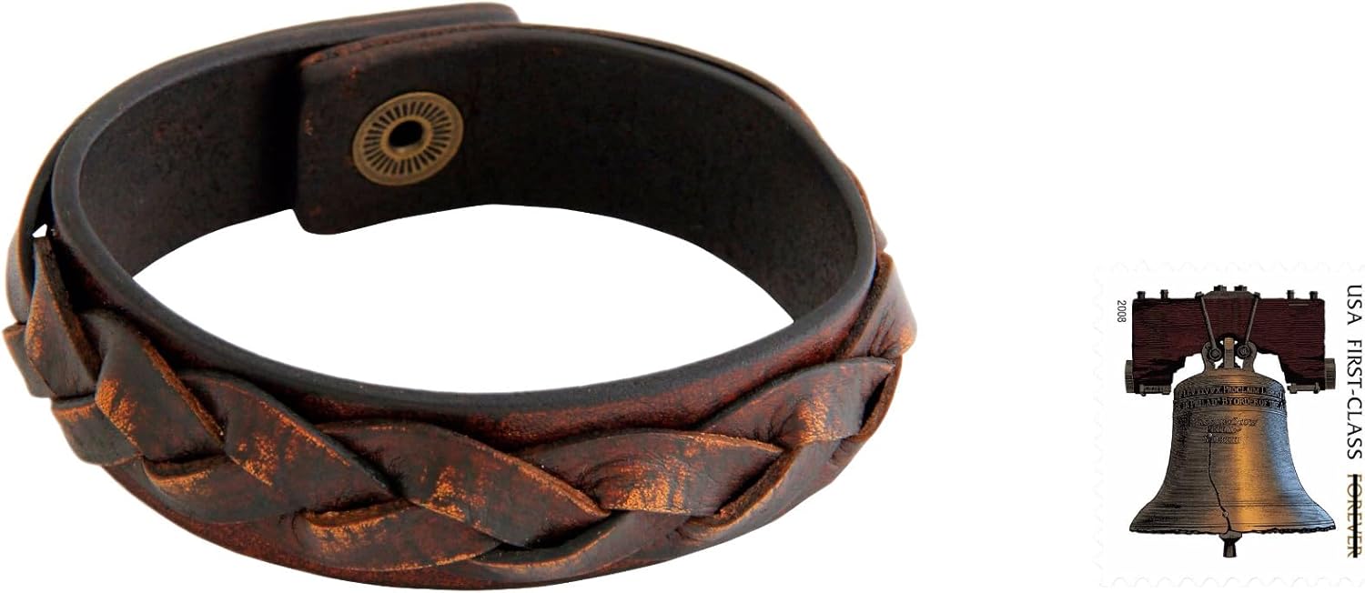 NOVICA Handmade Men's Distressed Leather Bracelet Braided Brass Wristband Indonesia Cognac [8.25 in L x 0.8 in W] 'Sumatra Journeys'