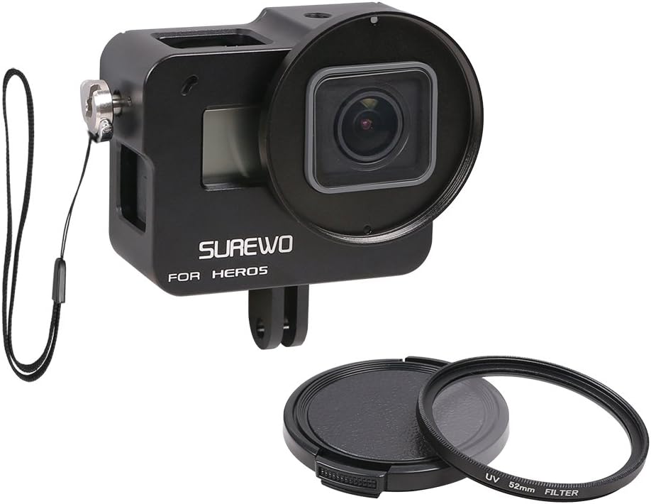 SUREWO Aluminum Case Frame,CNC Skeleton Housing with 52mm UV Filter Compatible with GoPro Hero New 7/6(2018)/5 Black