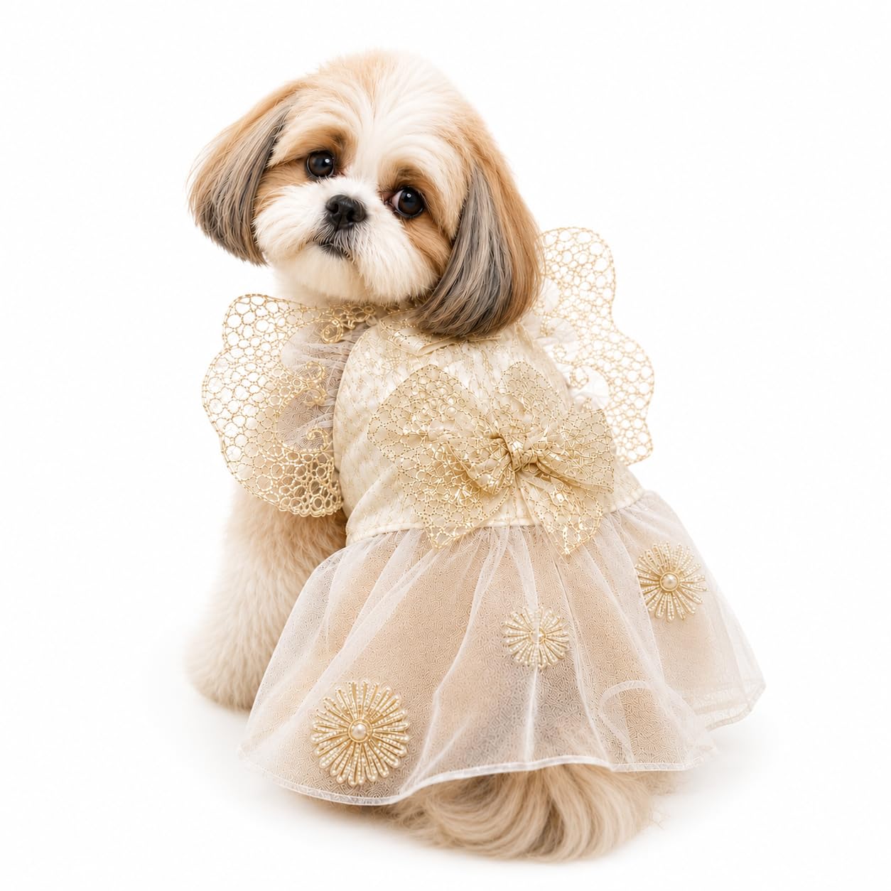 Elegant Dog & Cat Frock Dress with Bow | Soft Net Tutu Skirt Pet Apparel for Small Dogs, Puppies & Cats | Birthday Party Wedding Dress Outfit (Cream Gold, M)-image-31