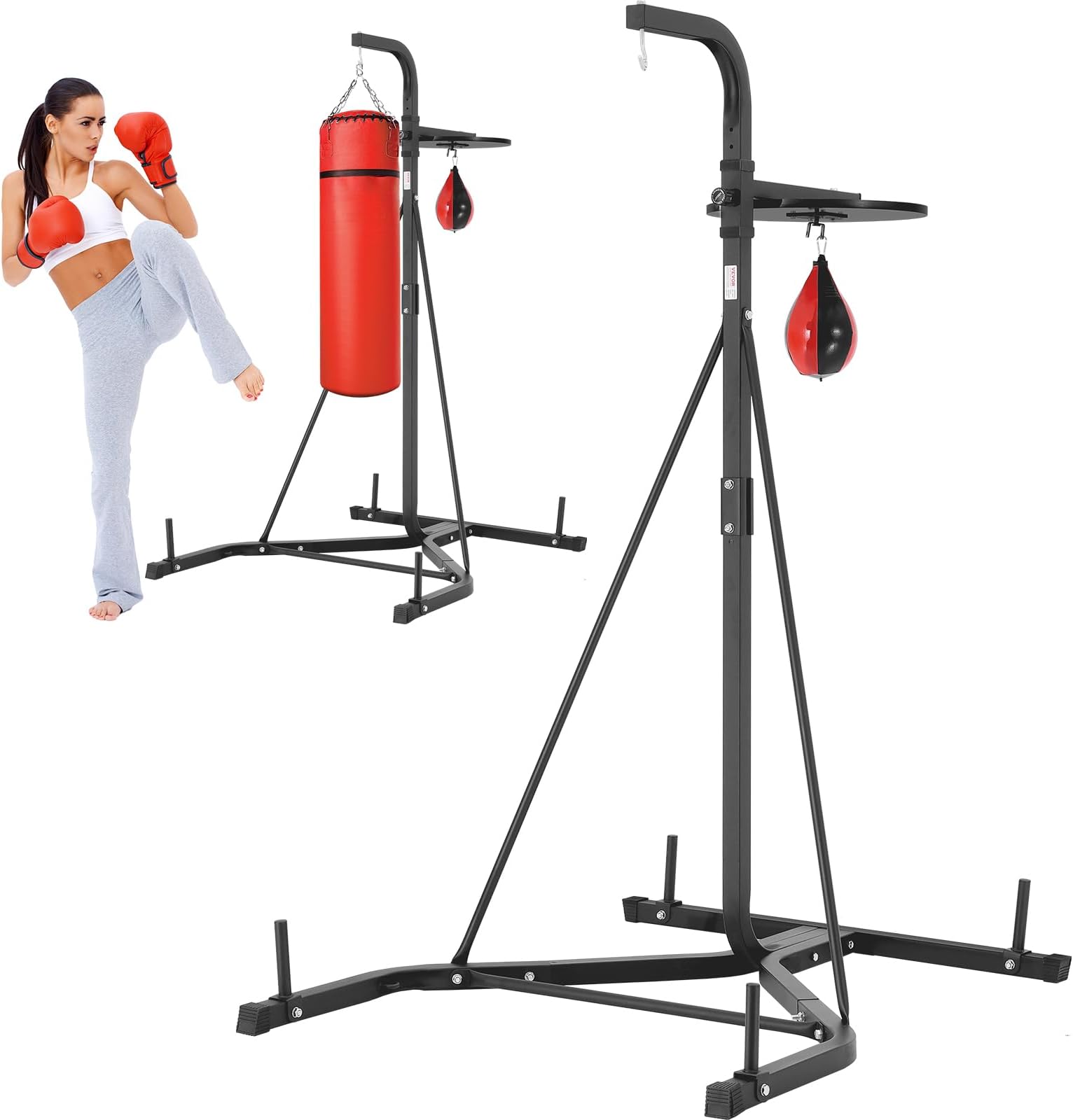 VEVOR 2 in 1 Punching Bag Stand, Steel Heavy Duty Workout Equipment, Adjustable Height Boxing Punching Bag and Speed Bag Stand, Freestanding Sandbag Rack, Holds Up to 400 lbs, for Home Gym Fitness