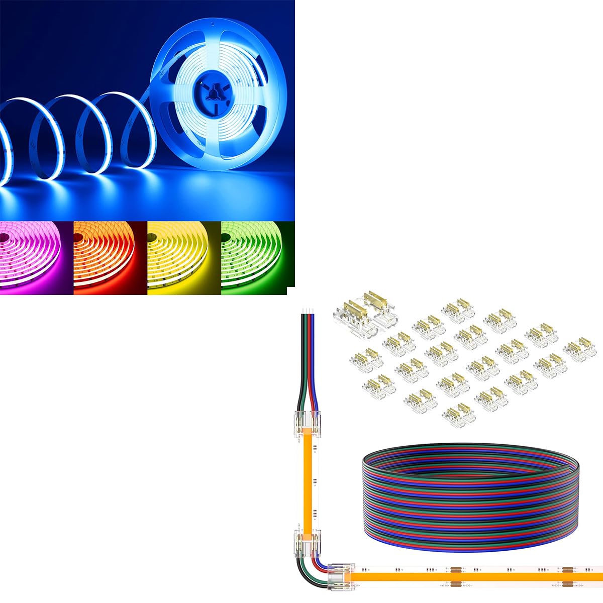 PAUTIX RGB COB LED Strip Light,UL Listed 24V Color Changing LED Strip Lights,COB LED Connectors for 10mm 4-Pin RGB COB LED Strip Lights,20pcs Strip to Wire Connectors,10ft Long 22AWG Extension Wires