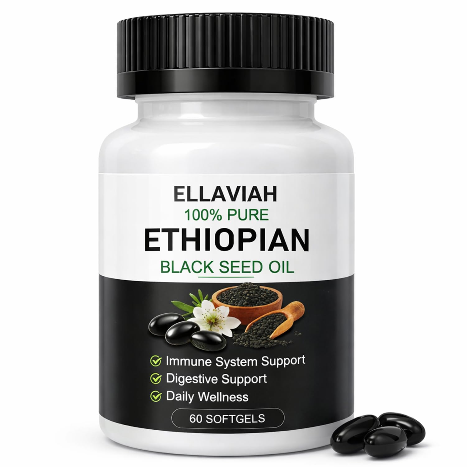 Ethiopian Black Seed Oil Softgels 800 mg Per Serving, 100% Pure Black Seed Oil Supplement, 60 Softgels, 30 Daily Servings