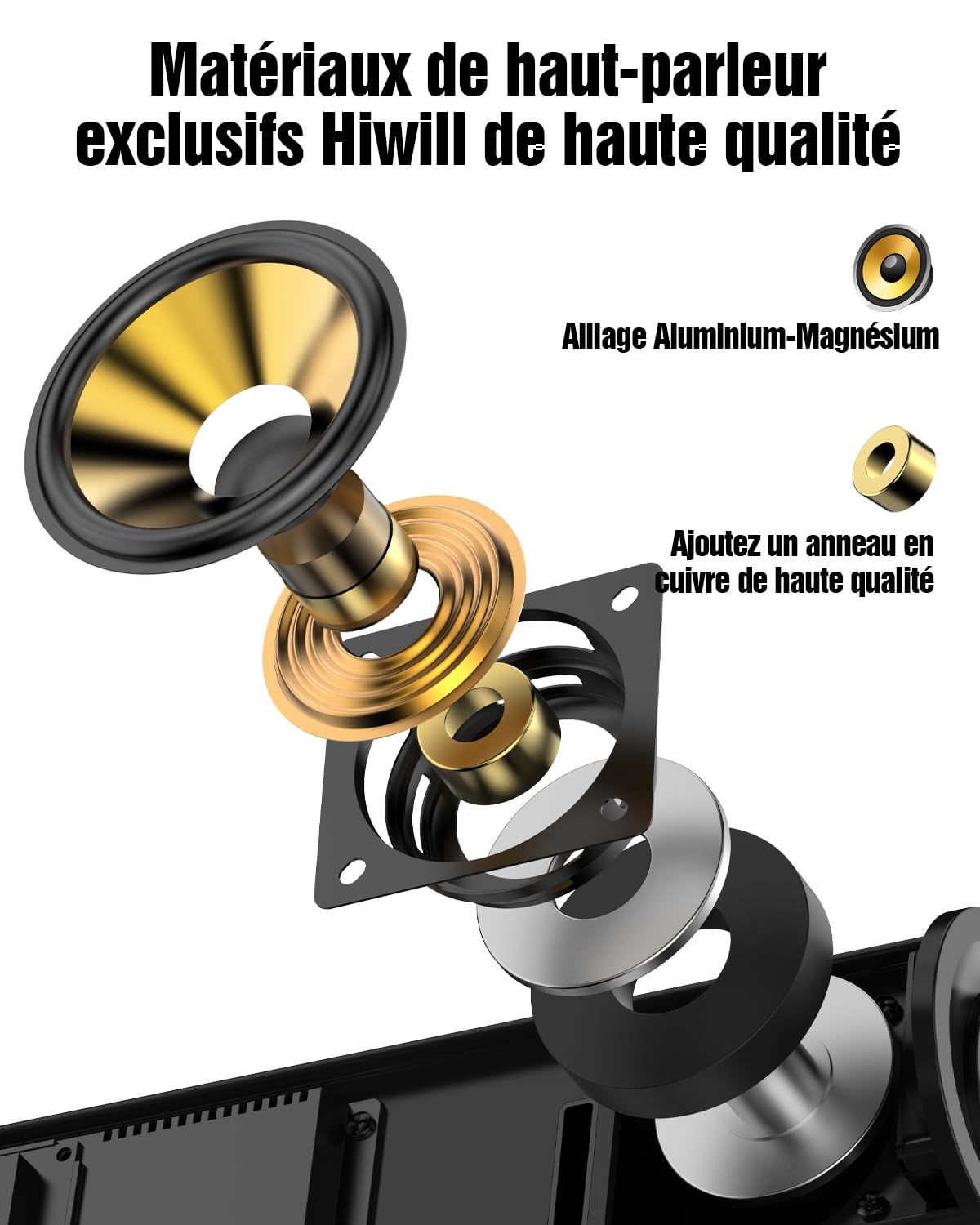 Hiwill 4.1 Dolby Atmos Barre de Son, 300W pour Smart TV avec Caisson de Basses, 2 Enceintes Surround Avant, Barre de Son pour Haut-Parleur TV, Basses réglables, HiElite A41