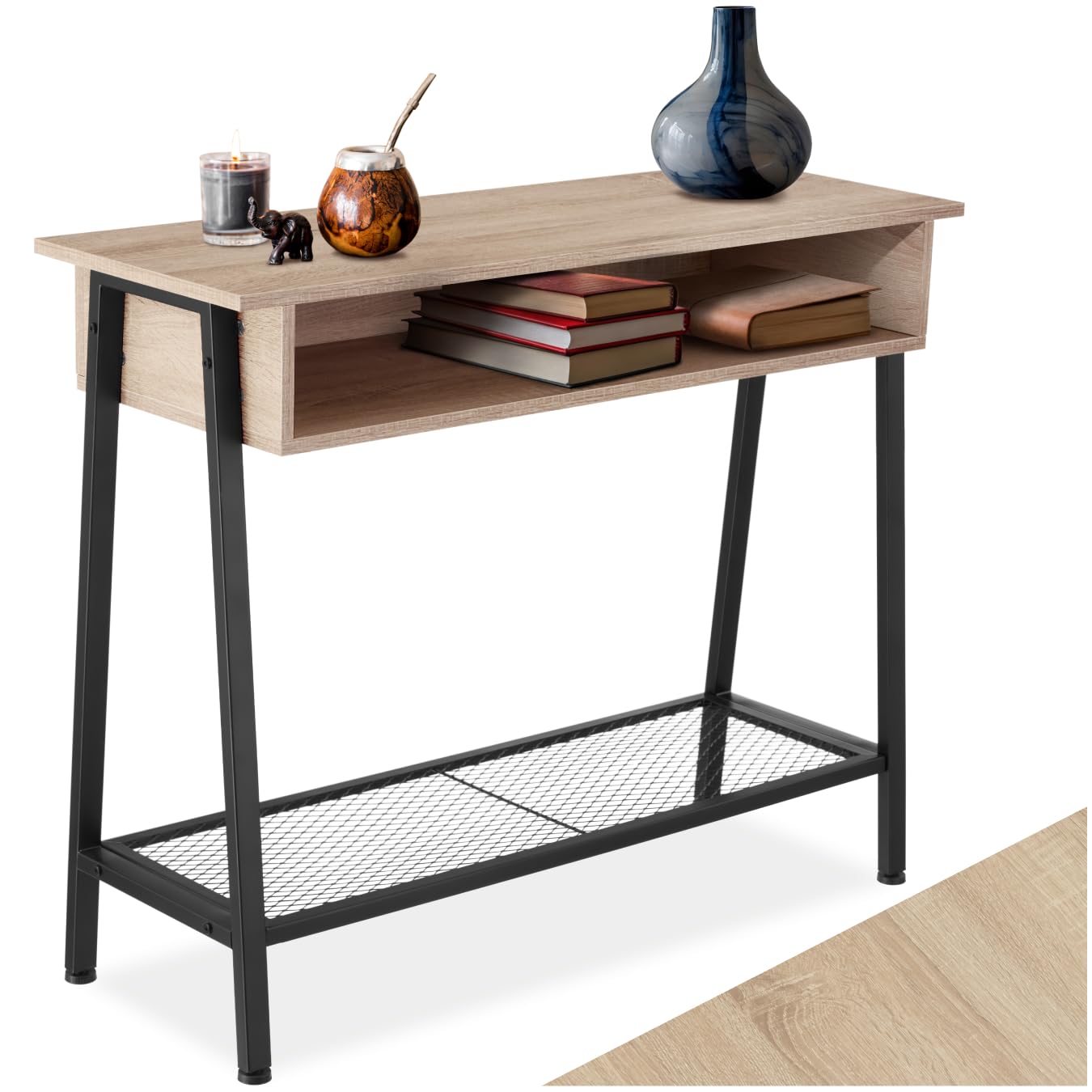 tectake® Tavolo Console, Struttura in Acciaio, Piano in Legno, Ripiano in Reticolato, Piedi Regolabili, Mobile Ingresso, Stile Industriale, Design Moderno - Industriale Legno Chiaro, Rovere Sonoma