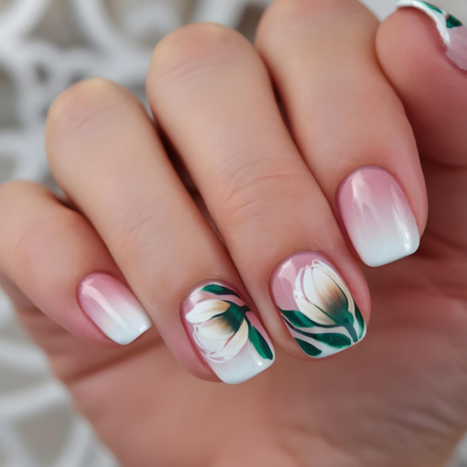 Condition photo showing New/Like New for Flower Short Square Press on Nails Fake Nails French Tip Full Cover Pink White Gradient Acrylic Nails Glossy Reusable Stick on Nails Gel Glue on Nails for Women Girls 24 Pcs (Pink-8, P-8)