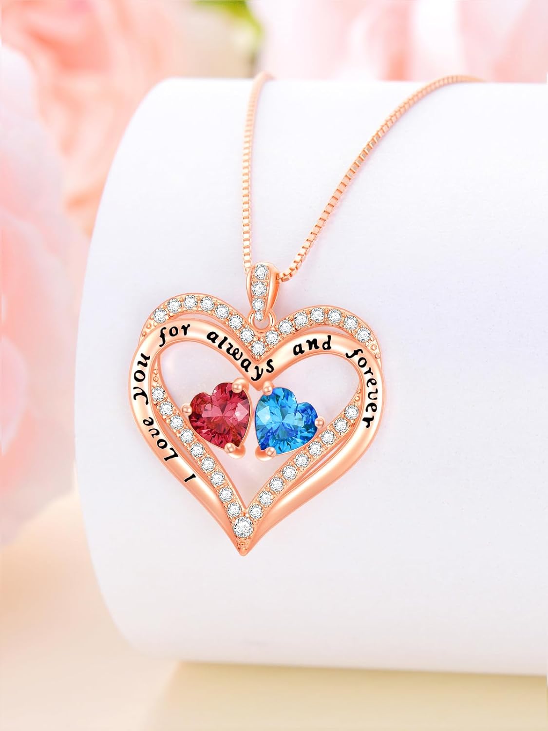 Heart Pendant Necklace I Love You for Always and Forever 12 Months Birthstone Necklace 18k Rose Gold Plated Double Heart Necklace Christams Valentine's Day, Mother's Day, Birthday - Image 4