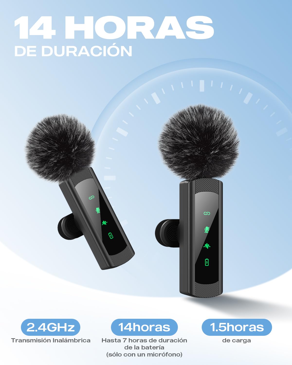 2 Pack Micrófono Inalámbrico Solapa para iPhone, iPad y Android, Micrófono de Clip con Reducción de Ruido para Grabación Vídeo, Plug & Play, Sonido Cristalino, TikTok, Youtube, Vlog
