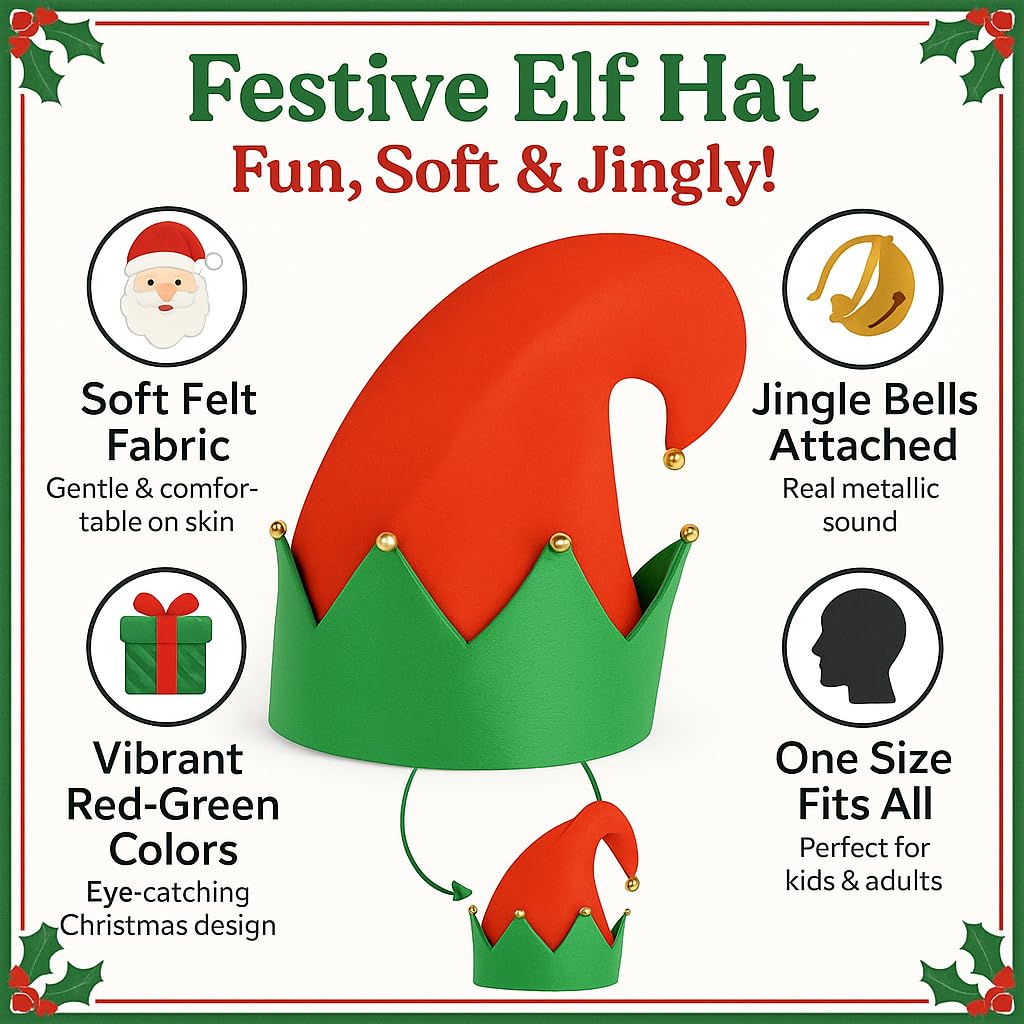 ZANGOC 2X Novelty Christmas Hats Pack -Christmas Santa Red Plush Hat + Elf Hat with Bell Rings -Holiday Costume Accessories for Adults & Kids - Image 4