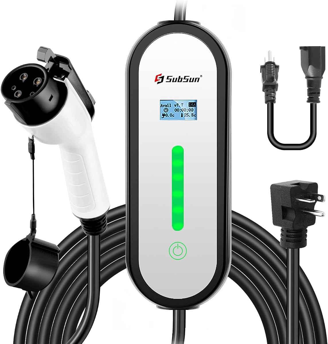 SubSun J1772 Level 1/2 EV Charger 16A 120V/240V 25ft Portable Cable | NEMA 6-20P &5-15 Adapter,Electric Car Charger for All EVs Include J1772,Adjustable Current & Delay Charging,Home Outdoor Use