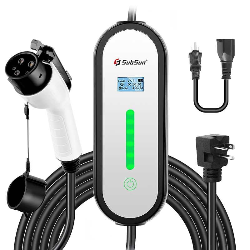 Carregador portátil para veículo elétrico SubSun J1772 Level 1/2 16 A 120/240 V com cabo de 7,62 m, branco