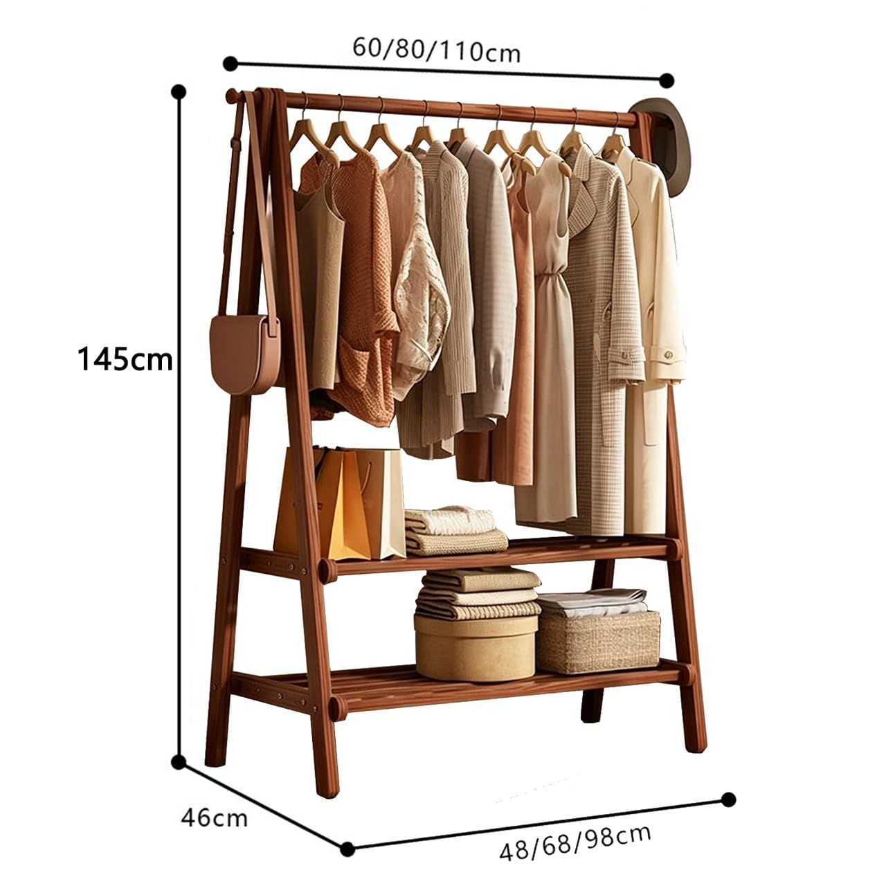 Garderobe Holz, Kleiderständer mit 2 Ablagen und Kleiderstange