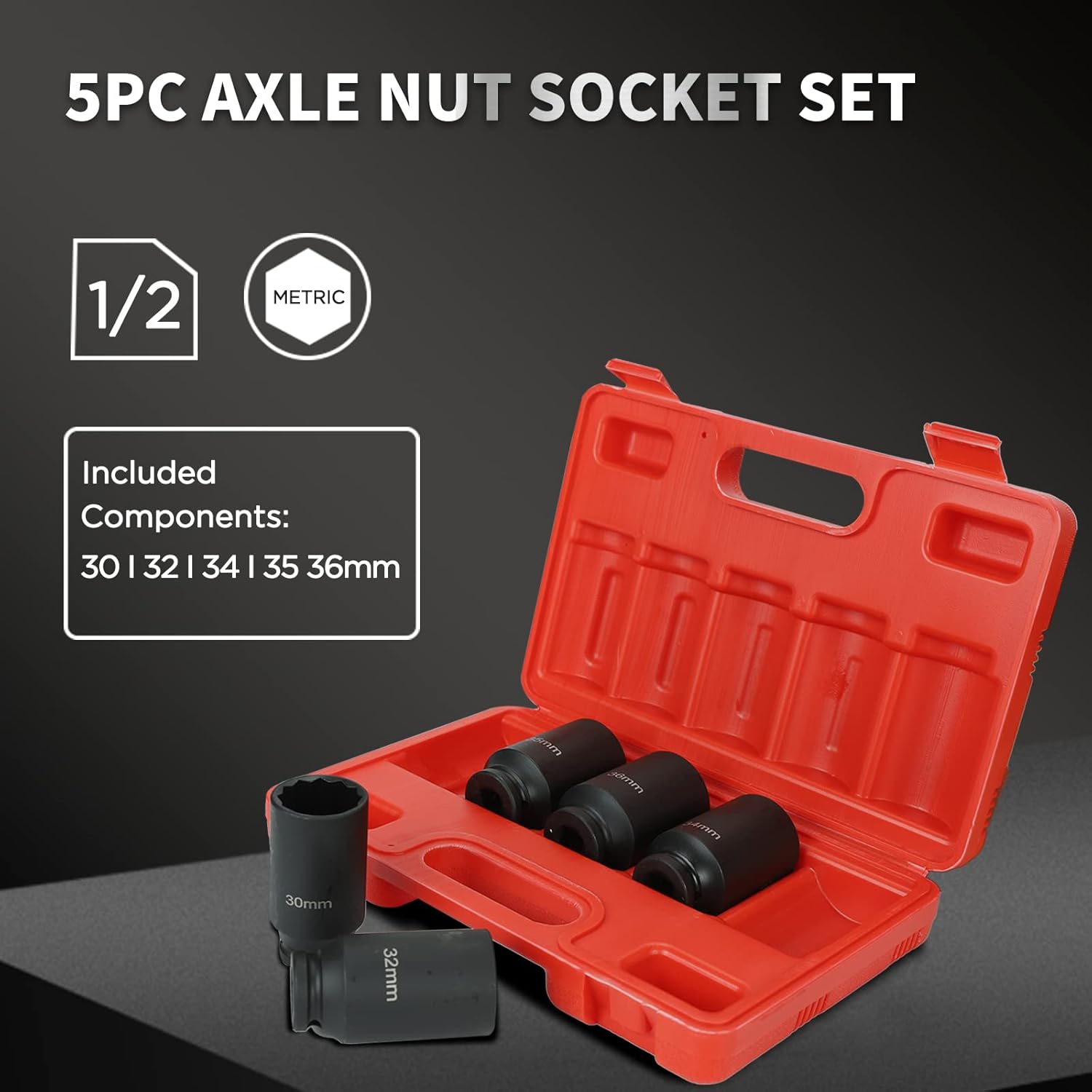 5PCS 1/2-Inch Drive Deep Spindle Axle Nut Impact Socket Set, 12 Point Metric, CR-MO, 30mm 32mm 34mm 35mm 36mm