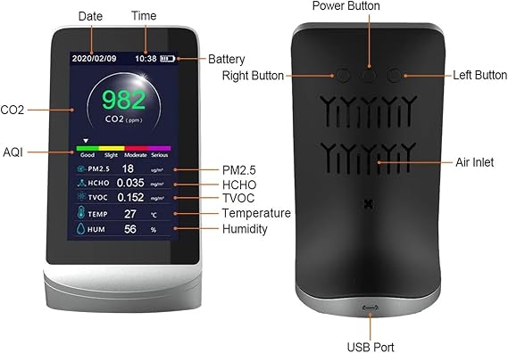 DM72B Indoor Multifunctional Air Quality Monitor High Sensitivity TVOC Gas CO2 Sensor Tester With LCD Screen Real-Time Dates