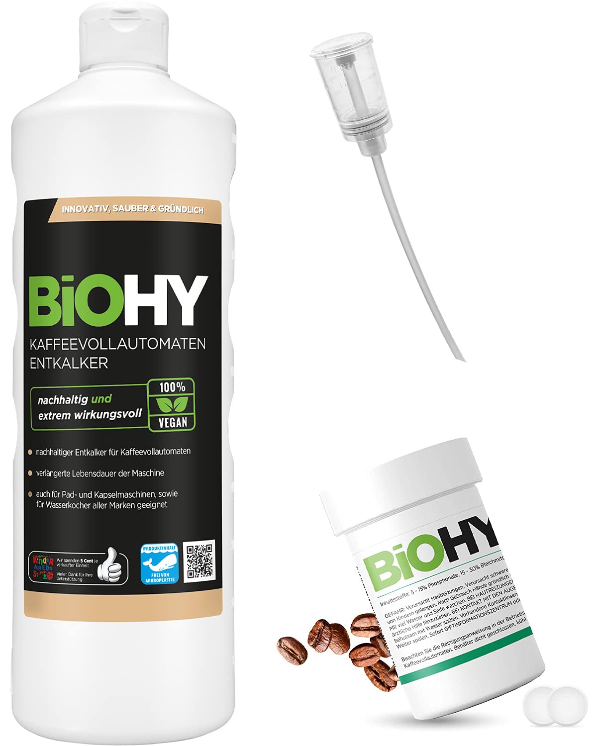 BiOHY Juego de descalcificador para cafeteras automáticas | Descalcificador de café botella de 1 litro | Pastillas de limpieza 40 unidades | Incluye dosificador