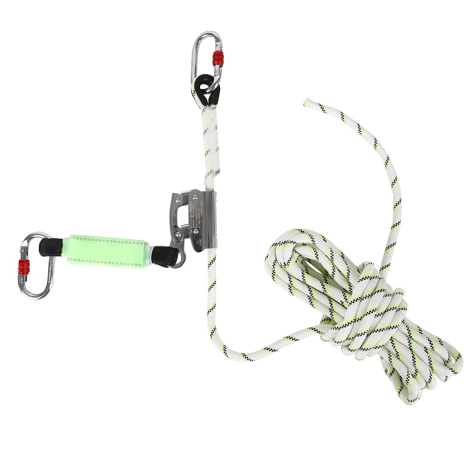 Dispositivo de seguridad deslizante sobre cuerda kernmantle de 13mm, con 2 mosquetones de 25KN, amortiguador de cinta, EPI, dispositivo de seguridad en altura (15m)