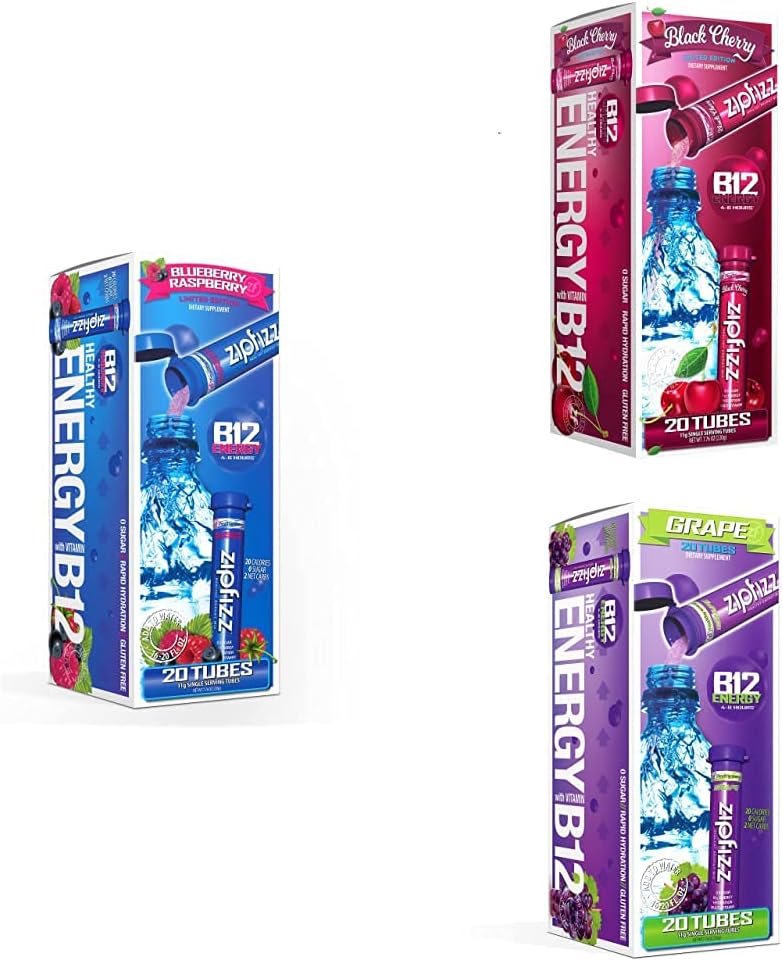 Zipfizz Healthy Energy Drink Mix, Hydration with B12 and Multi Vitamins (Black Cherry & Berries Bundle) 60 Count